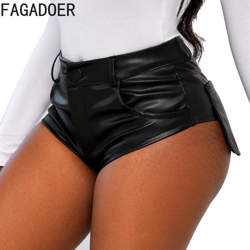 FAGADOER Punk Gothic Sexy Leather Shorts Women Black Cargo Pocket Patchwork High Waist Shorts Female Streetwear Bottoms 2025 New