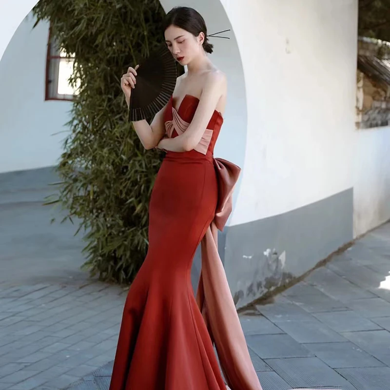 

Red Satin Bridesmaid Dres 2026 New Sle Wedding Gown Light Dr Fi Tail Engagement Formal Women's Clothing