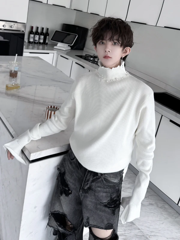

Autumn Winter Men's Knitted Sweater Thin Needlework Stand Collar Pearl Decoration Base Layer Casual Sle Long Sve Top