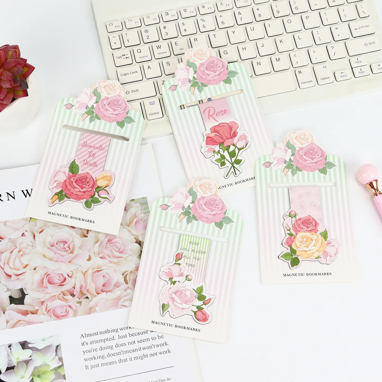 Pink Rose Blossom Alien Magnetic Bookmark Classification Book Clip Exquisite Reading Bookmark