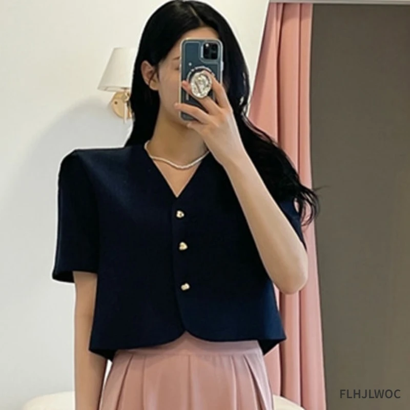 Chic Korea Short Crop Tops Blouses New Design Women Japan Girls Office Lady Button Short Sleeve White Shirts