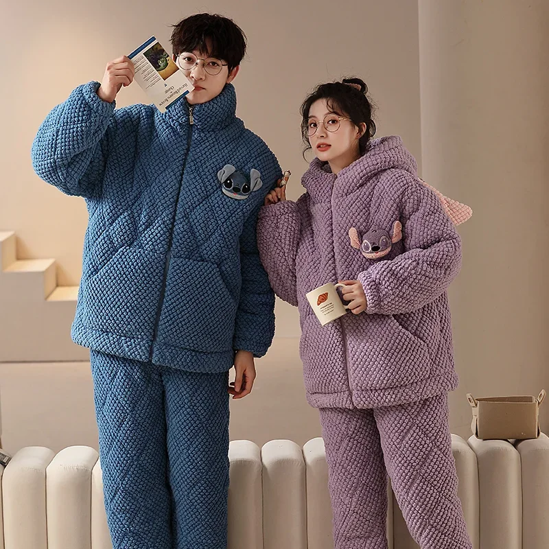 Pijamas de pareja de Disney, conjunto cálido de dos piezas de invierno, ropa de descanso de Stitch, ropa de descanso de Disney, pijamas cálidos de pareja de Stitch de dibujos animados