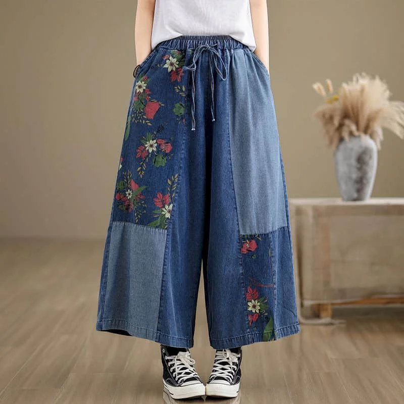 

Baggy Jeans Women Oversized Casual Loose A-line Wide Leg Cargo Pants Floral Vintage Elastic Waisted Streetwear Women Clothing