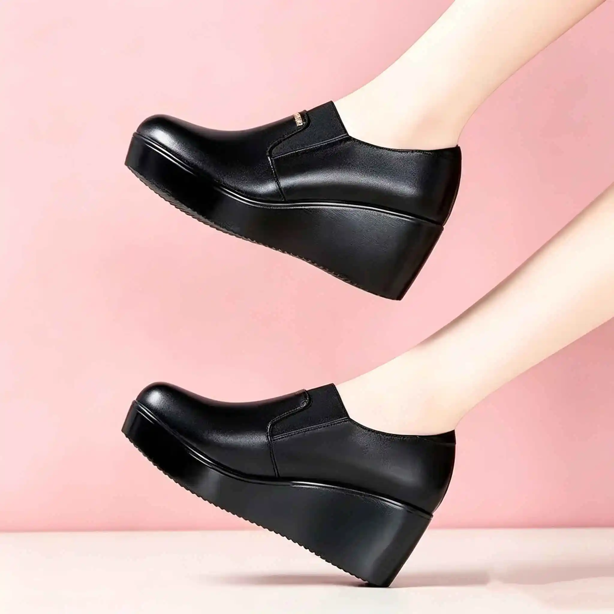6cm Small Size 33-43 New Fashion Deep Mouth Med Block Heels Shoes with Fur Fall 2026 Black Soft Leather Wedges Shoes Office Mom