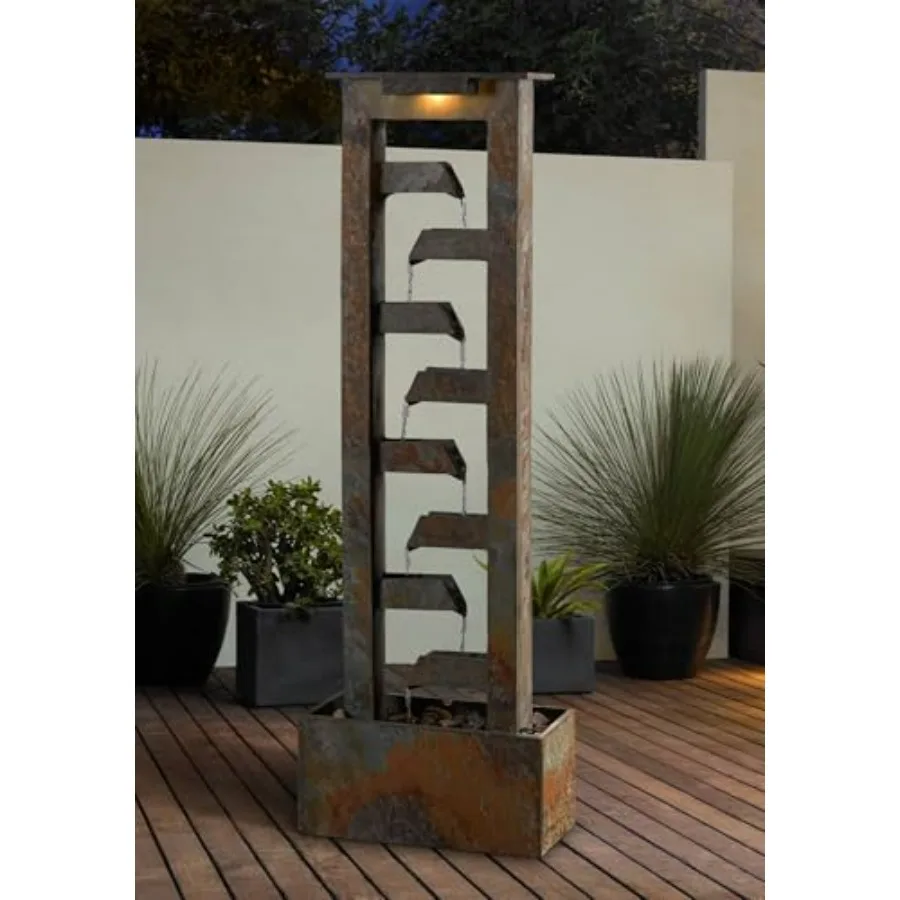 

Напольный фонтан Zigzag Zen 49 High Large Modern для помещений и улицы, из сланцевого камня, с LED-подсветкой, многоуровневый водопад
