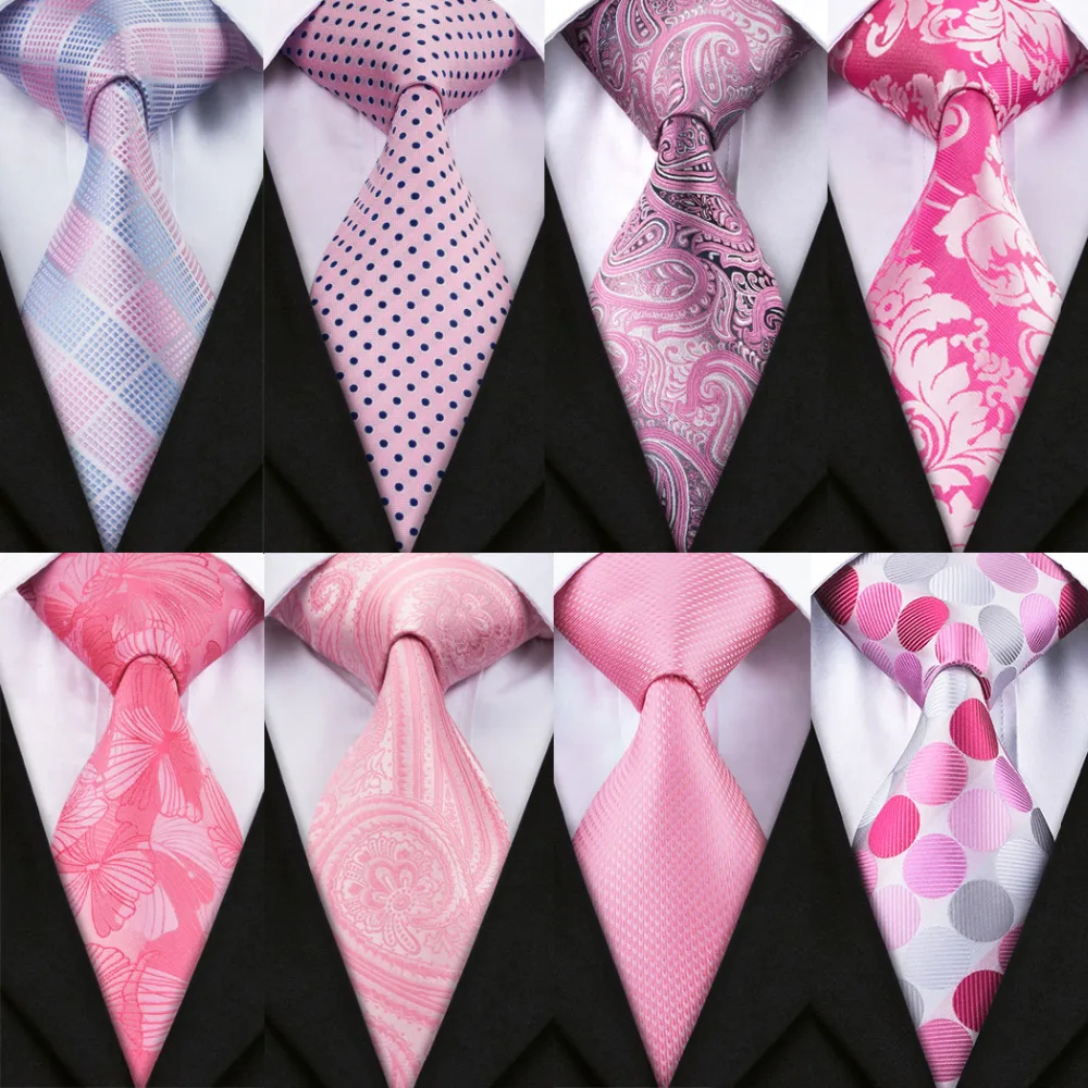 Barry.Wang New Pink Tie For Wedding Men's Ties Set With Hanky Cufflinks Silk Men Neck Tie For Male Wedding Party Business Gift