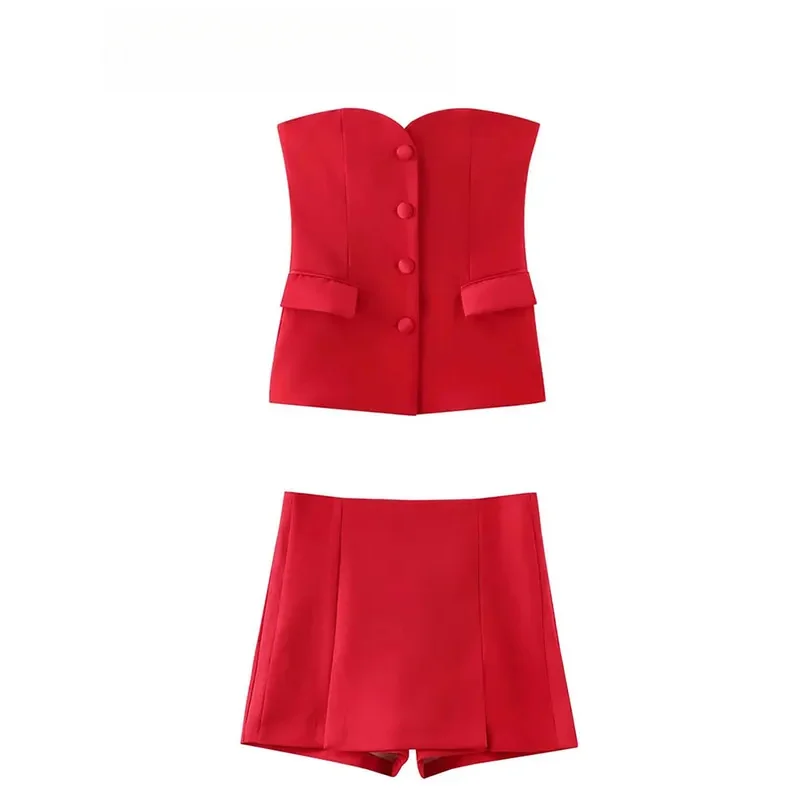 ASDS Shorts skirts sets for women casual tube top with front button tube corset slim slit shorts summer red office lady suit