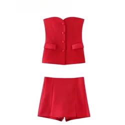 ASDS Shorts skirts sets for women casual tube top with front button tube corset slim slit shorts summer red office lady suit