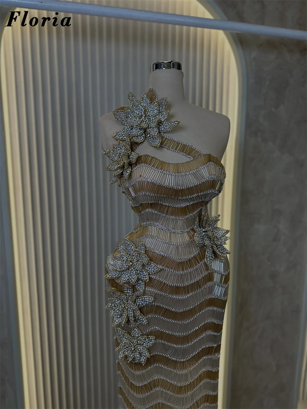 Heavy Full Beading Evening Dresses Vintage One Shoulder Flowers Mermaid Prom Dress Customized Gold Crystals Wedding Party Gowns