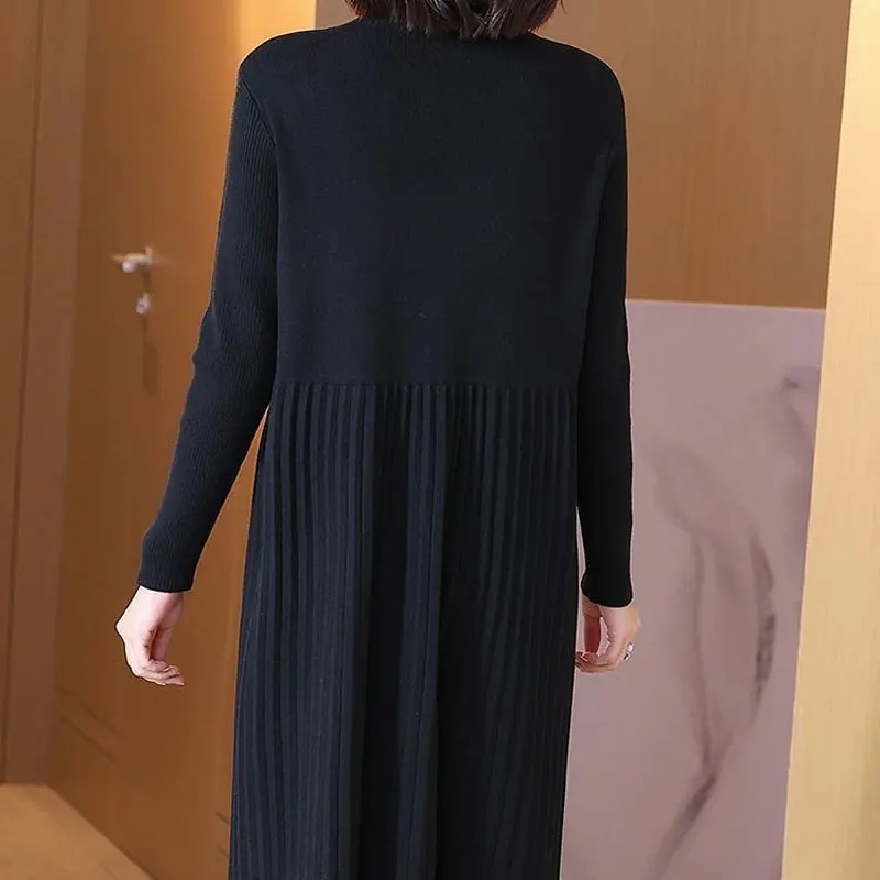 Casual Autumn Winter Knitted Dresses Vintage Folds Half High Collar Fashion Diamonds Women's Clothing Solid Color Midi Dress New