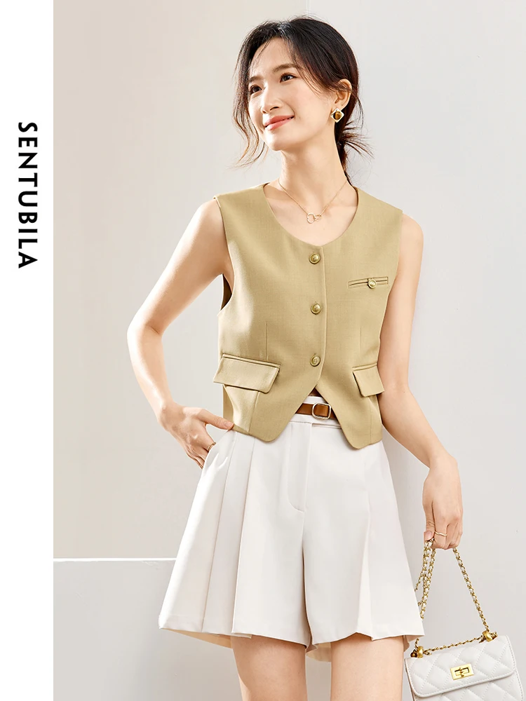 

SENTUBILA Women Summer Tailored Waistcoat Vest 2024 Elegant Fashion Sleeveless Crop Jacket Office Work Wear Suit Vest 141J53511