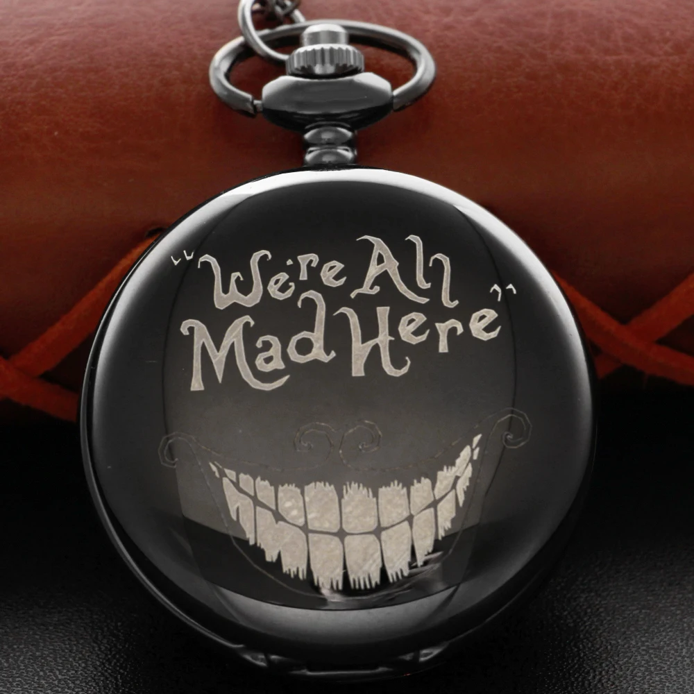 Reloj de bolsillo de cuarzo para hombre y mujer, pulsera con patrón de cara sonriente extraña negra, Steampunk, collar con colgante, cadena Fob, regalo Jfc122