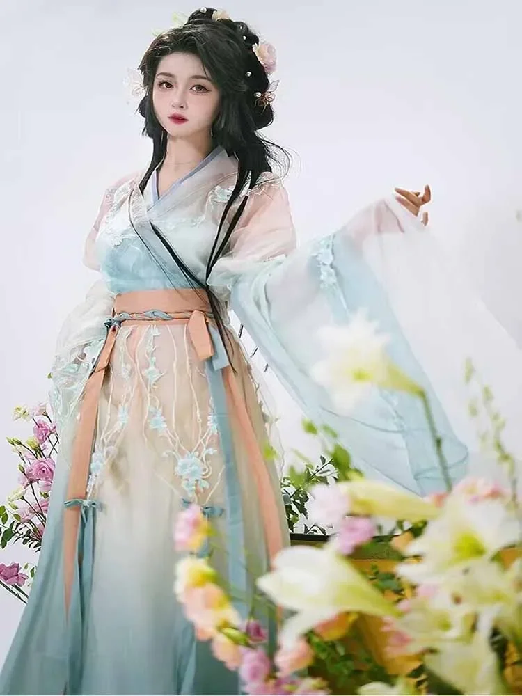 Robe Hanfu brodée traditionnelle chinoise pour femmes, costume de cosplay de carnaval féminin, bleu nickel é, grande taille