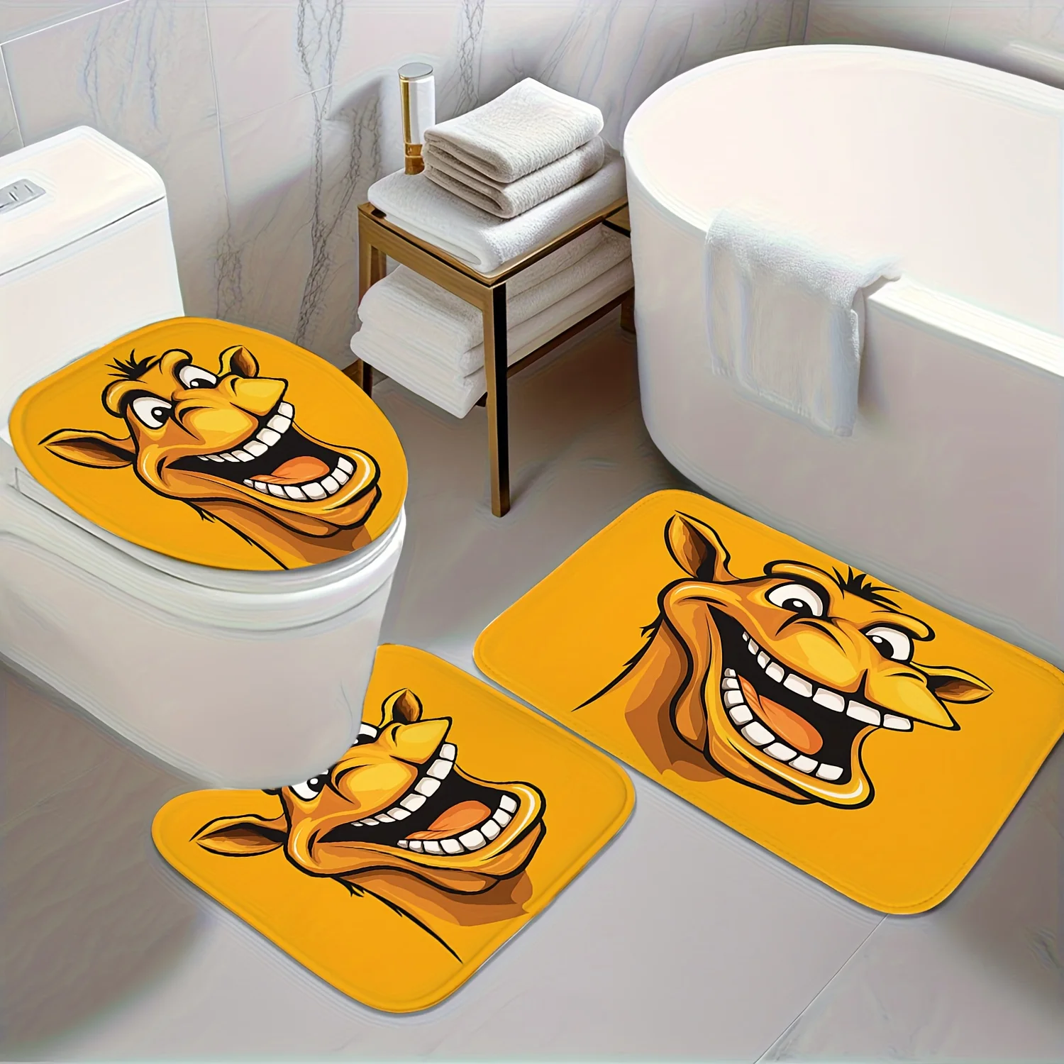 

Yellow Camel 3pc Bath Set – Cartoon Animal Design, Toilet Lid Cover, U Mat & Floor Rug, Non-Slip Bathroom Decor
