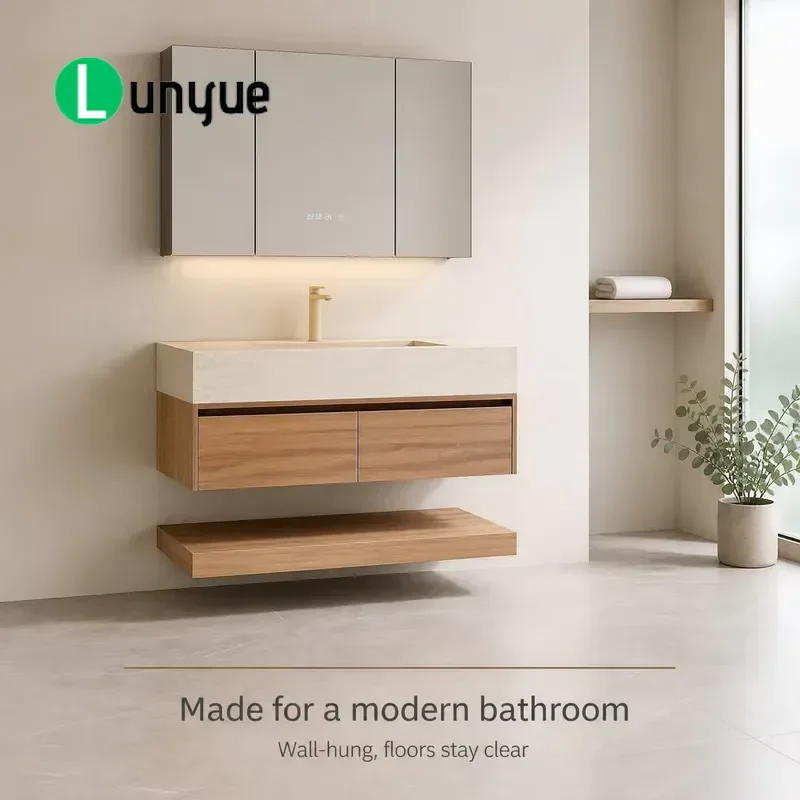 Medieval Style Cave Slate Hot Bending Integrated Wall Mounted Bathroom Sink Set With Waterproof LED Light Strip For Modern