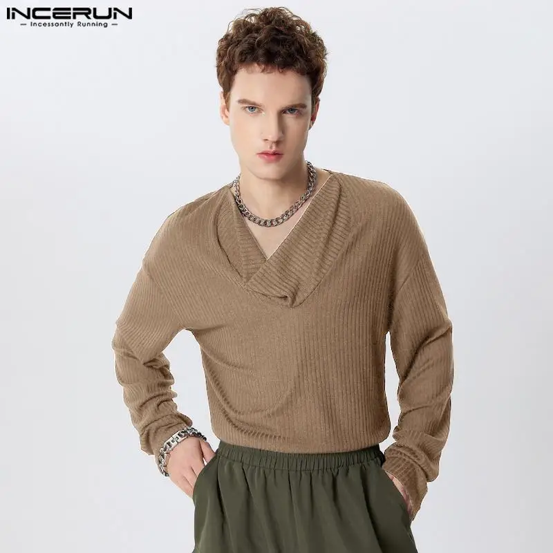 INCERUN Tops 2024 Korean Style New Men Loose Pile Neck Striped Pullovers Casual Clubwear Male Solid Long Sleeved Sweaters S-3XL