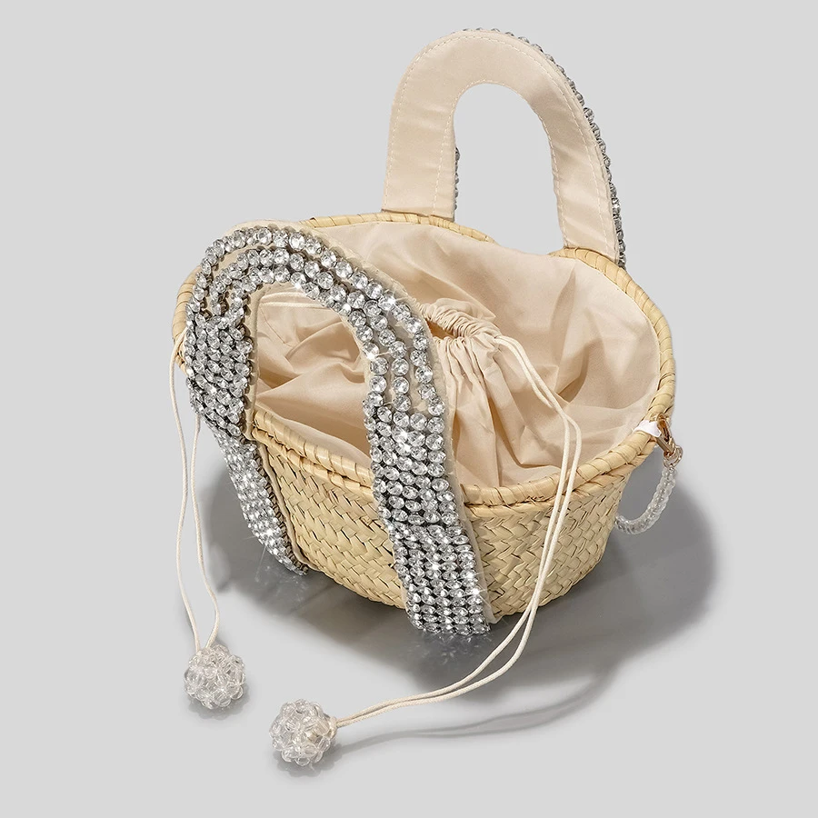 Fashion Rattan Small Tote Bag Designer Rhinestone Wicker Woven Women Handbags Handmade Woven Summer Beach Bag Bali Purses 2023