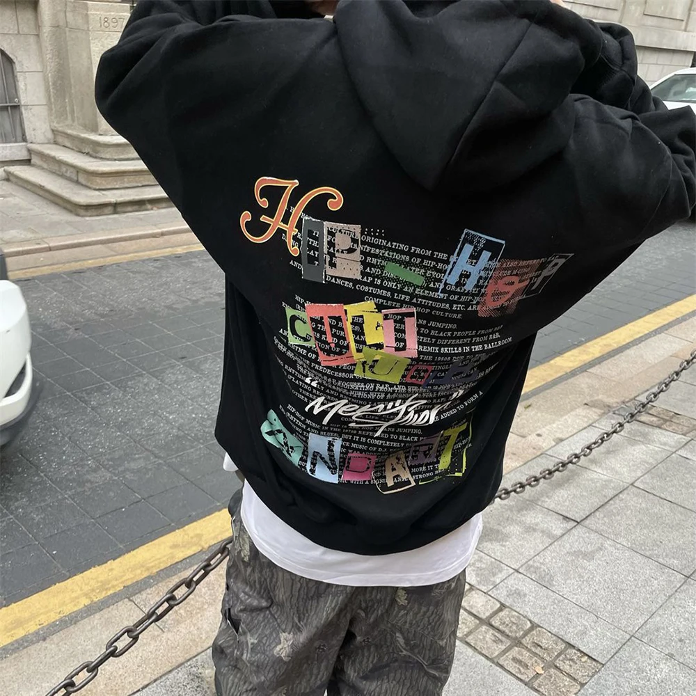 Cotton Blended Hooded Sweatshirt For Men In Autumn New Hip-Hop Loose Trendy Print Handsome High Street Note Graffiti Loose Top