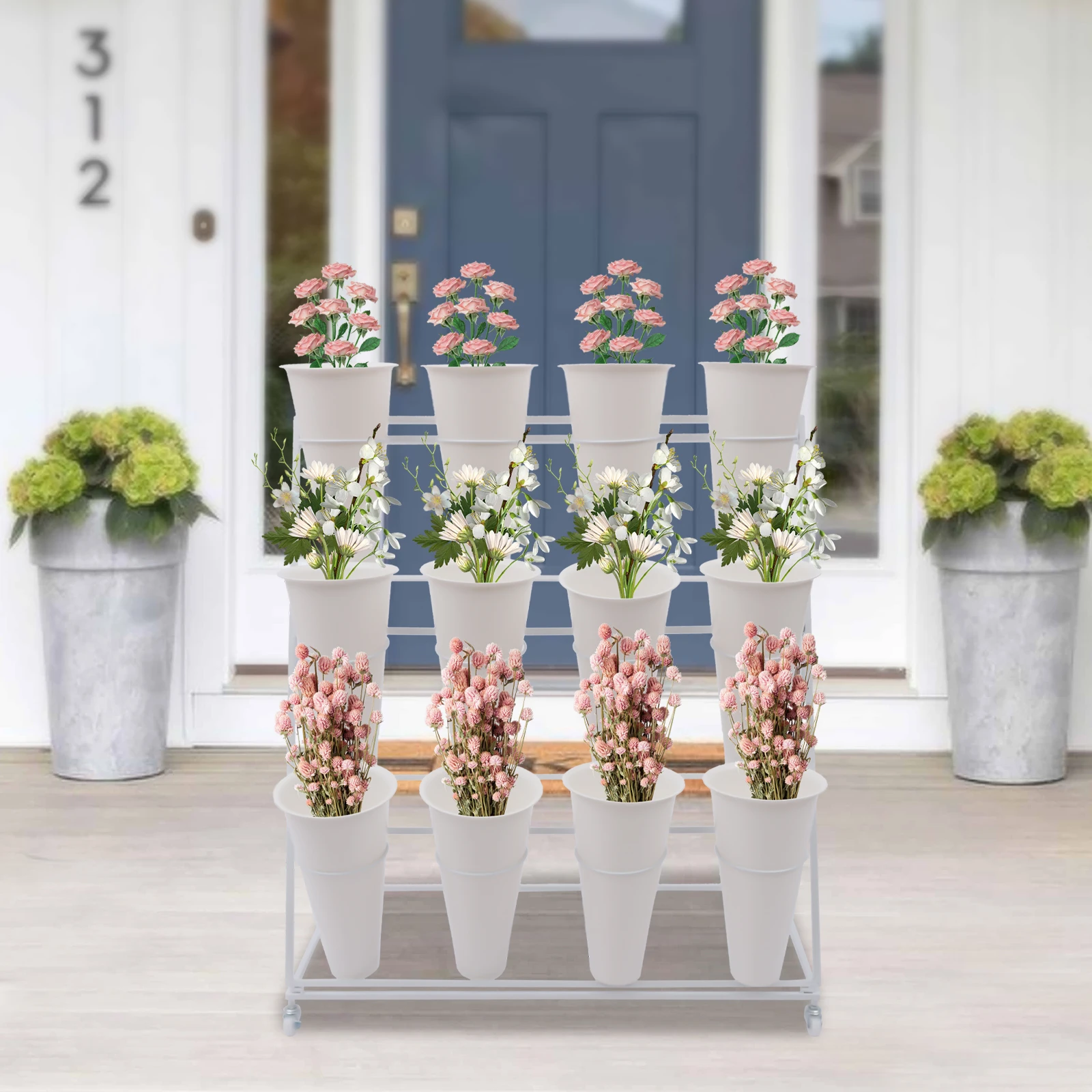 3 Layers Metal Plant Stand with Wheels,Modern Plant Shelf with Flower Bucket,Indoor Outdoor Flower Display Stand Flower Rack