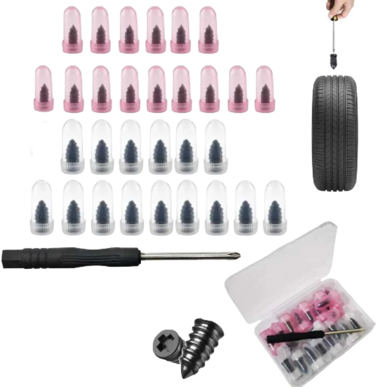 

Vacuum Tire Mending Nail, Rubber Screws Tire Repair Kits with 2 Sizes, Screwdriver&Storage Box, Quick Self-Service Tire Repair Tools for Car, Motorcycle, Truck (60PCS- 30 Small+30 Large)