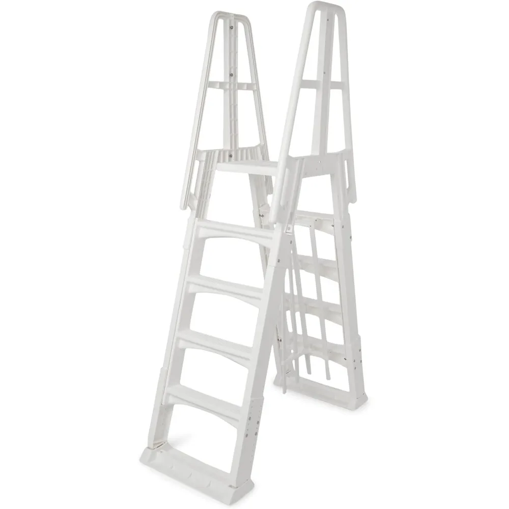 

SLA A-Frame 48 to 56 Inch Adjustable Above Ground Swimming Pool Ladder Entry System with Slide Lock Barrier and Handrails, Whit