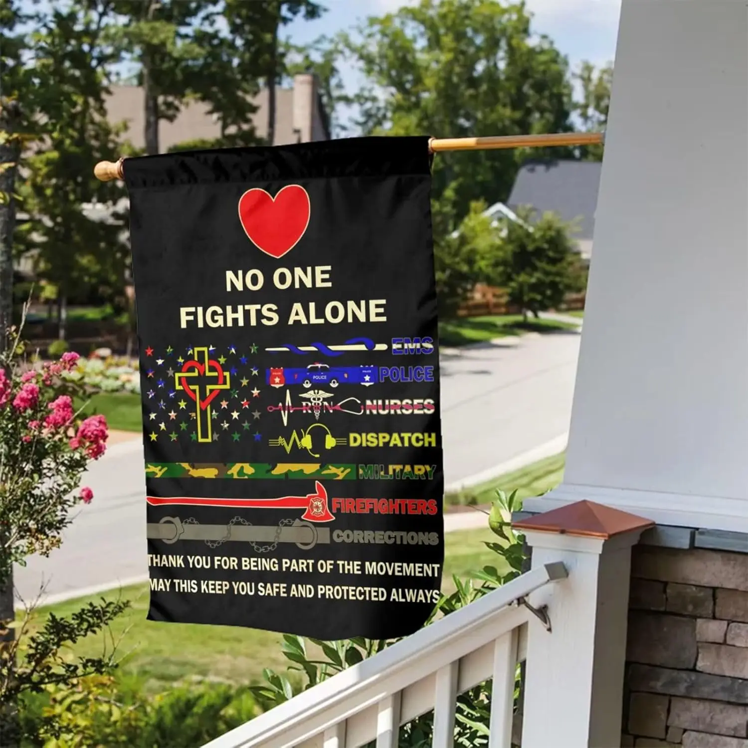 No One Fights Alone Multi Thin Line First Responders Double Sided Vertical Garden Flag 12 X 18 inch Indoors Outdoors Perfect jjp