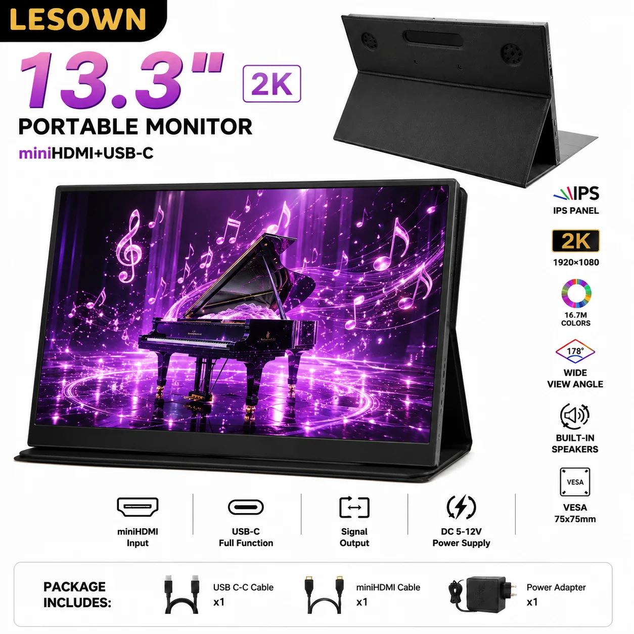 LESOWN 13.3 Inch Mobile Monitor 1920x1080 FHD Extended Screen VESA Mountable LCD Display Driverless for Laptop