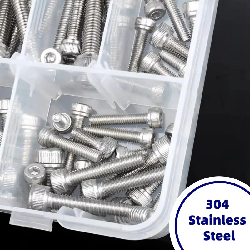 304 Stainless Steel Hexagon Socket Cap Head Screw Nut Washer Assortment Kit DIN912 M1.6 M2 M2.5 M3 M4 M5 M6 M8