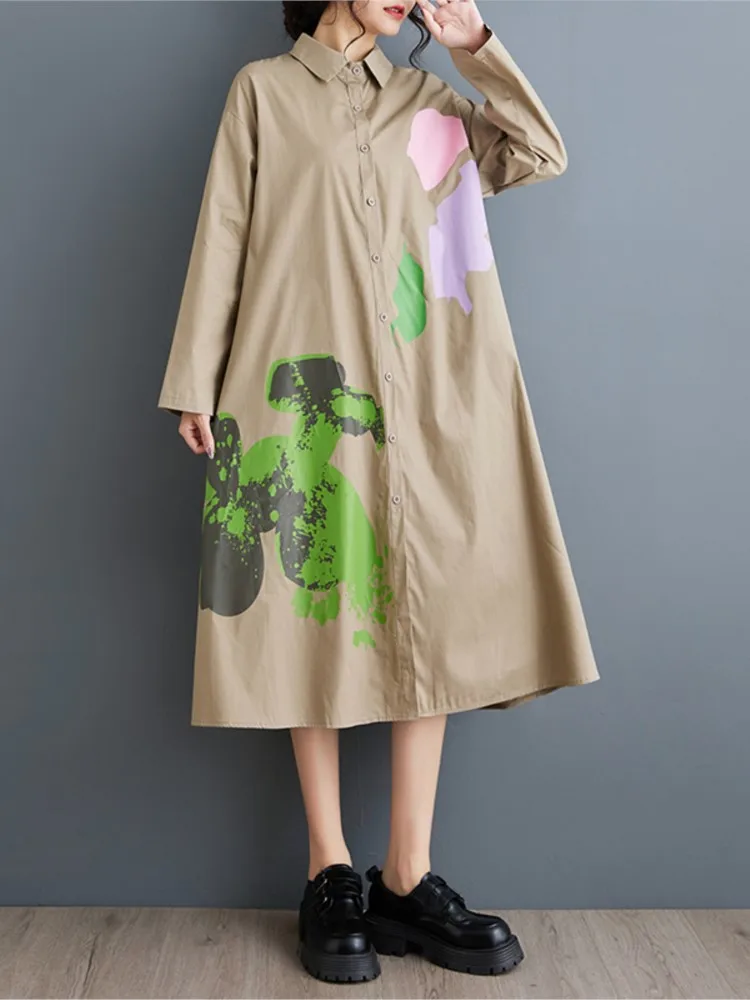 Herfst Shirt Jurk Vrouwen Graffiti Print Fashion Casual Losse Geplooide Dames Oversized Jurken Lange Mouw Vrouw Jurk