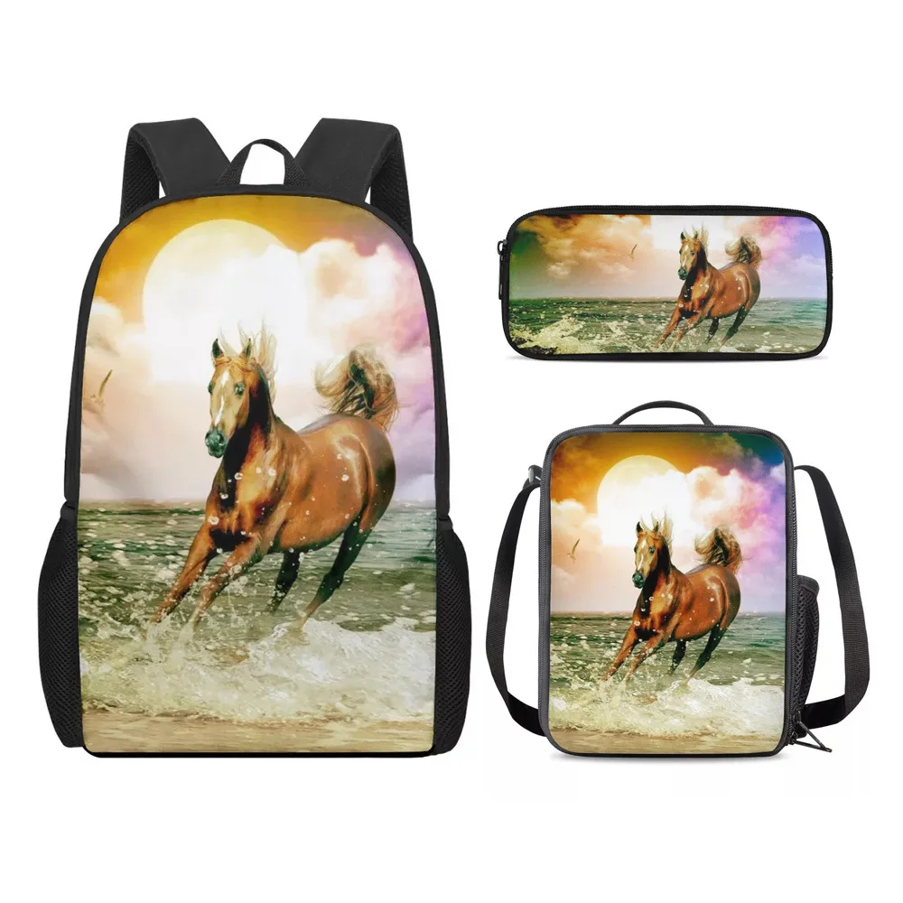 Trendy Popular Funny horse 3D Print 3pcs/Set Student School Bags Laptop Daypack Backpack Crossbody Lunch bag Pencil Case