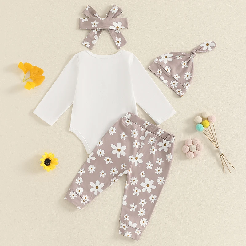 Baby Girls Fall Outfit Long Sleeve Embroidery Letters Romper Flower Print Pants Headband Hat Clothing Set