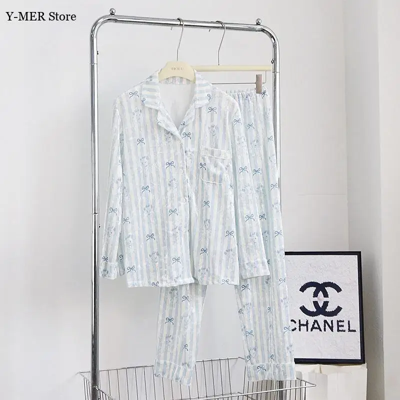 

2025 New Autumn Velour Pajamas Suit Women Warm Sleepwear Blue Striped Bow Print Top Pants Velvet Home Clothing 2Pcs Pjs