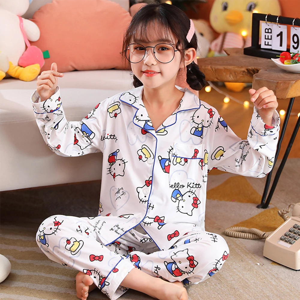 Children's Pajamas Anime Sanrioed Kuromi Cinnamoroll Melody Long Sleeve Kawaii Kids Spring Cotton Cartoon Parent-Child Homewear