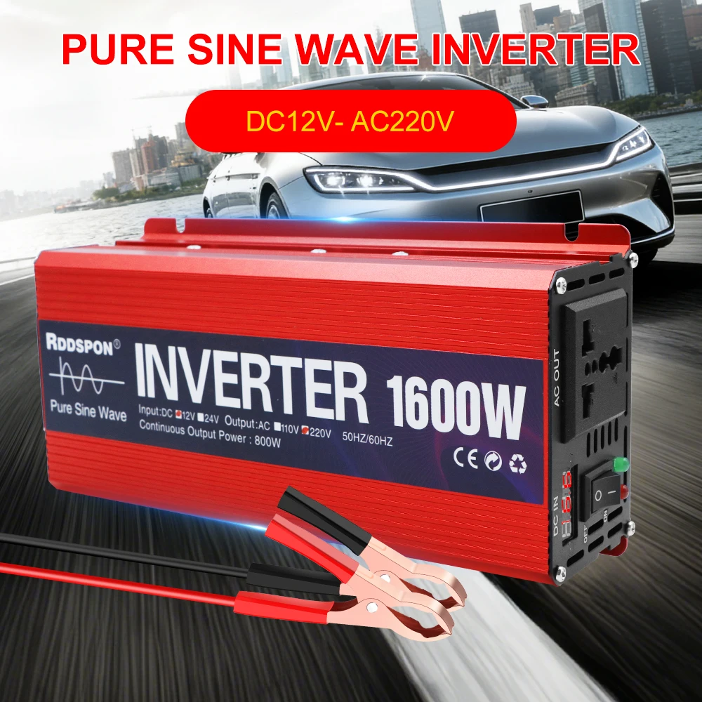 

Инверторы солнечной энергии автомобиля от 12 В до 220 В для автомобиля, дома, ноутбука, грузовика, 1600 Вт, портативный преобразователь мощности от сети, инвертор чистой синусоидальной волны