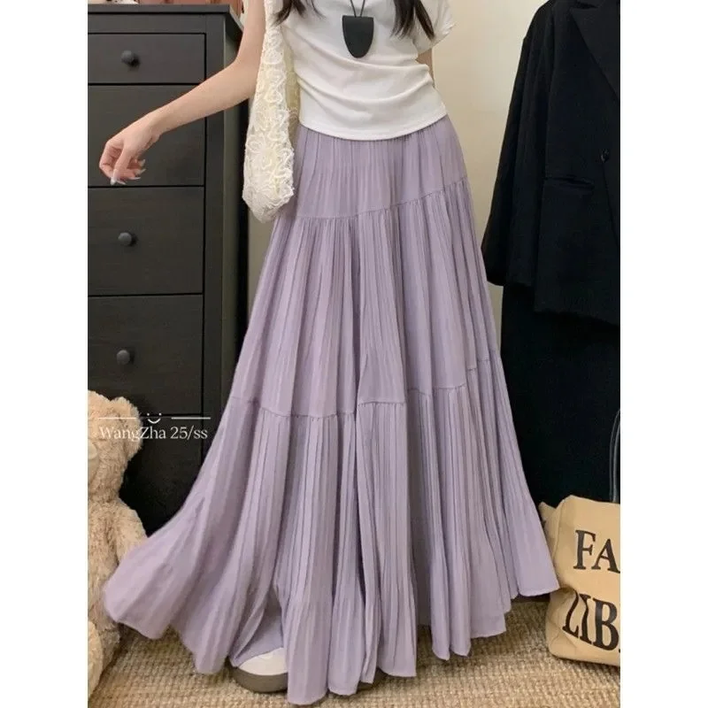 Casual Vintage Women Skirt Matching Chic Lady's White Skirt Sweet Girl's Cake Skirt Elastic Waist A-Line Mid Length Flare Skirt