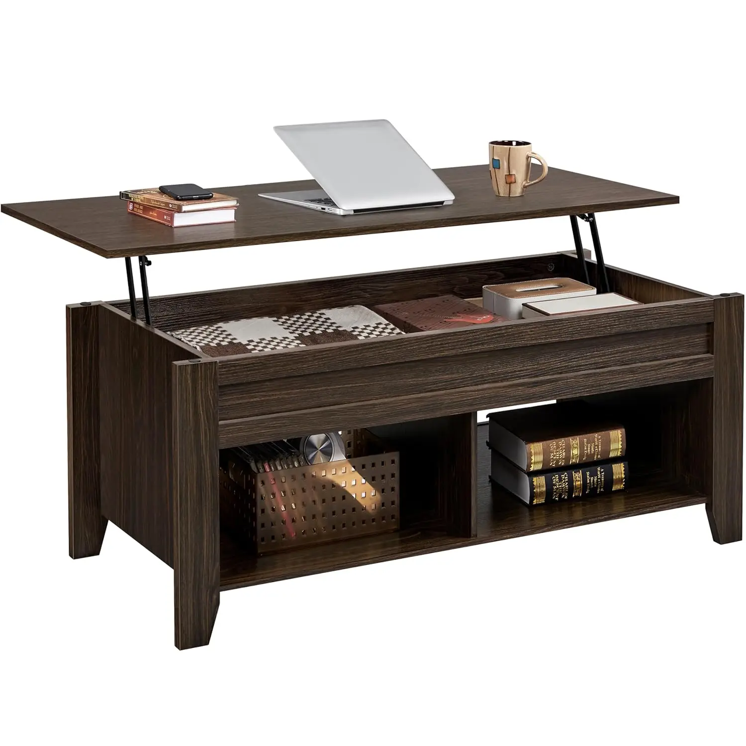 

Lift Top Coffee Table with Hidden Storage Compartment & 2 Open Shelves, Rising Tabletop Pop Up Center Table, Customized
