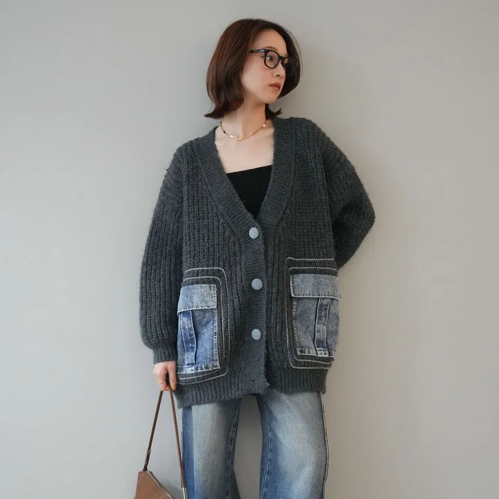 

Ladies' Lazy Sle V-Ne Knitted Open Cardigan Winter New Loose Denim Patchwork Sweater Jaet Thiened Polyester Fiber