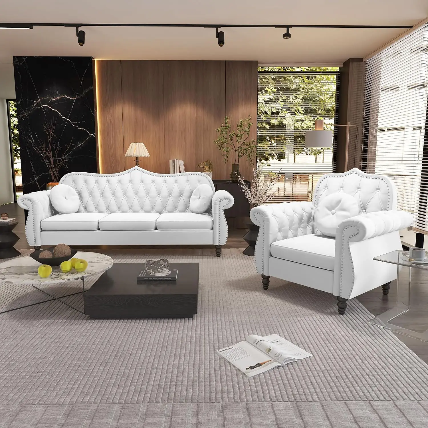 Mid-Century Velvet Sectional Sofa, Tufted Loveseat with Nailhead Trim for Living Room & Office, 1+3 Seat White, Customized