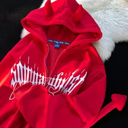 Sudadera con capucha Y2K Kawaii para parejas, suéter con estampado de insignia de Hip Hop, cola de cuerno de Diablo, informal, holgado, con cremallera, ropa Harajuku