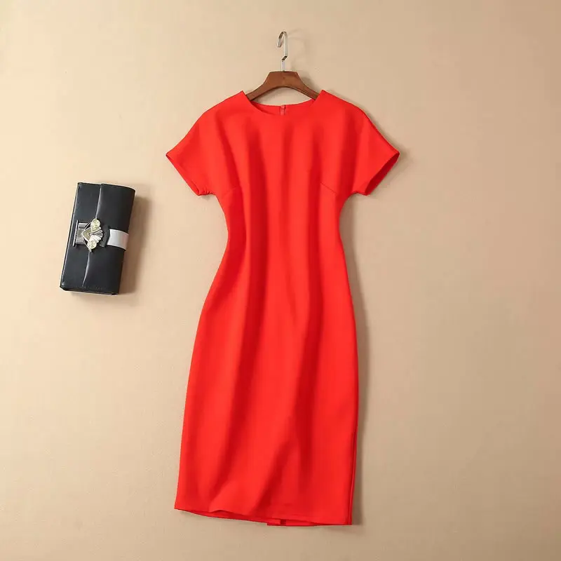

Summer Women Solid Red Dress O-Neck Sheath Office Lady's Dress