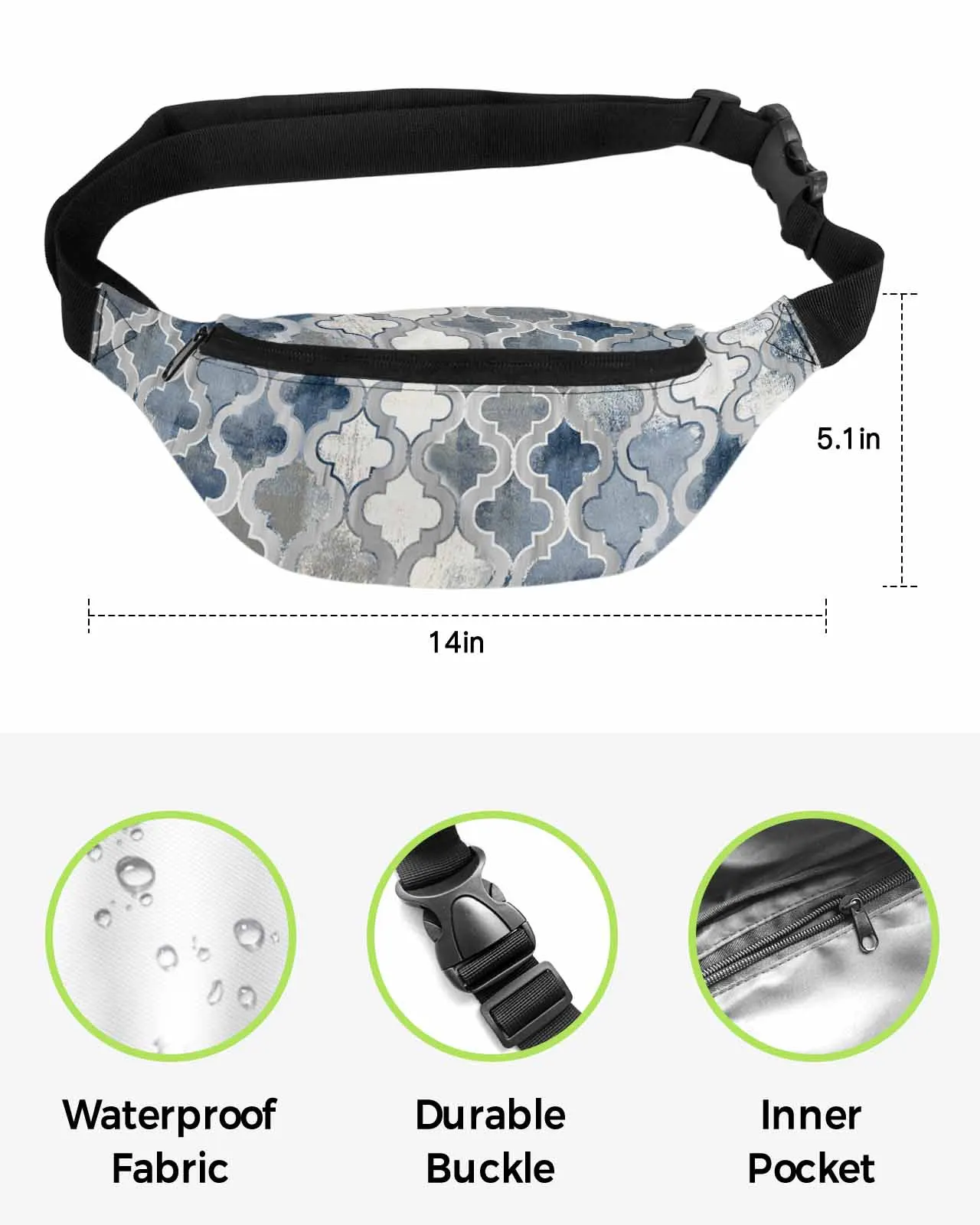 Painted Mottled Modern Morocco Blue Phone Belt Bag Wallet Pouch Waterproof Banana Hip Bags Waist Bag Fanny Pack for Women Men