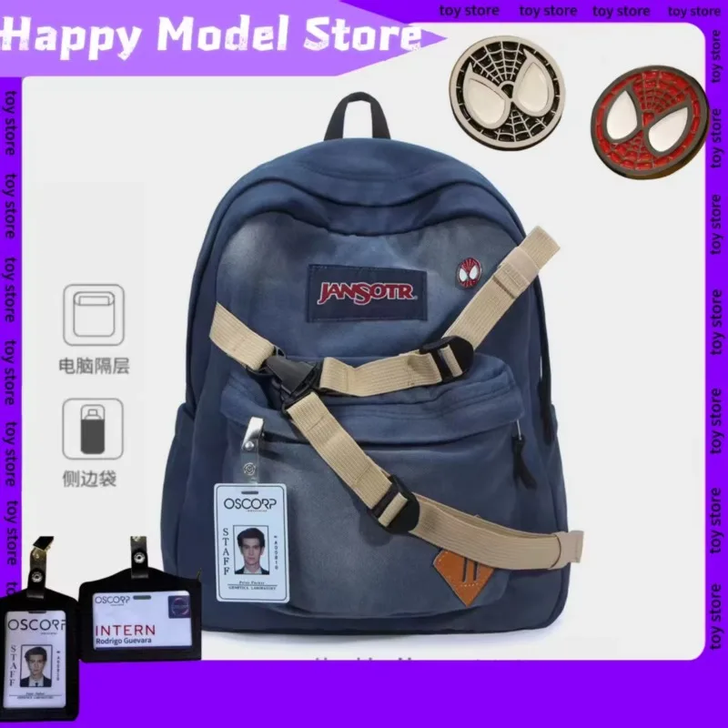 In Stock JS Extraordinary Spider-Man Washed Denim Backpack Vintage Vintage Backpack Water-repellent 16 Inch Computer Backpack