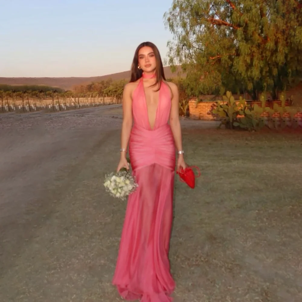 

Elegant Deep V Neck Sleeveless Mermaid Tulle Applique Evening Dress Floor Length Women Prom Party Gown