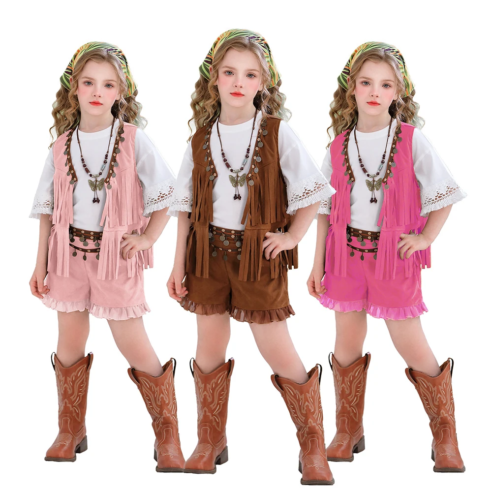 

3PCS With Vest Shorts Headscarf Kids Cowboy Costume Denim Fringed Clothes For Children Cosplay Performance Hippie Festival Party