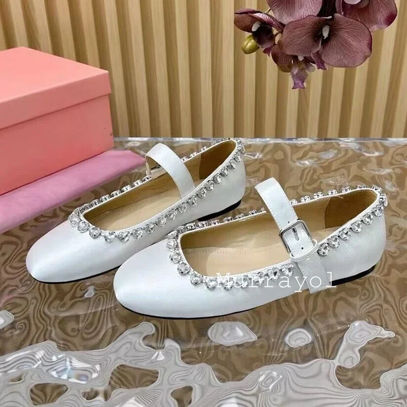 Rhinestone Edging Shallow Mouth Mary Jane Shoes Women Genuine Leather Belt Buckle Design Flat Shoes Spring Autumn Ballet Shoes