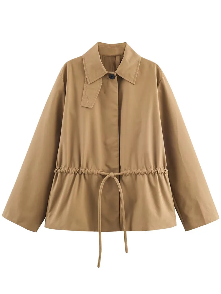 여성 가을 캐주얼 재킷 솔리드 턴다운 칼라 레이스업 장식 싱글 브레스티드 여성 신상 패션 긴팔 코트