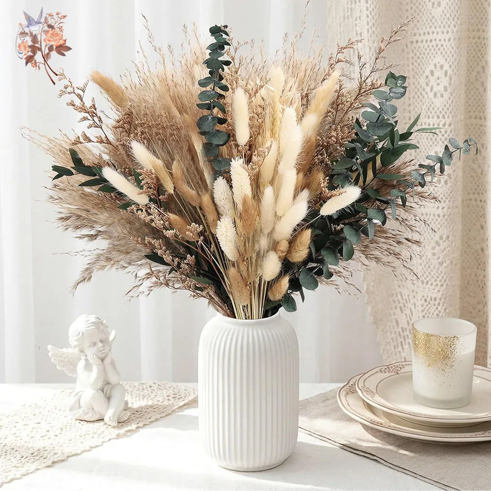 80Pcs Natural Dried Flowers Bouquet Pampas Grass Eucalyptus Leaves for Rustic Home Decor Wedding Table Vase Filler Arrangements
