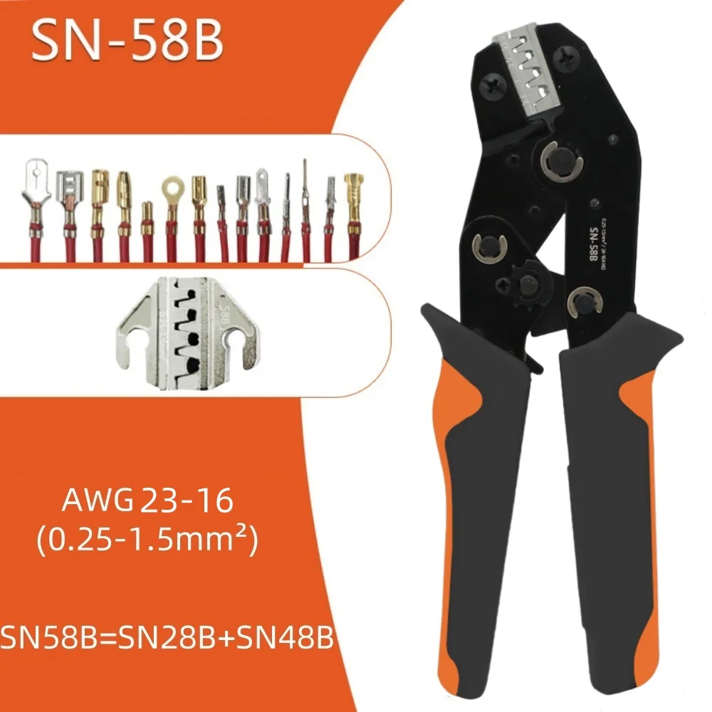 SN-58B Ratschenklemmen-Crimpzangen-Set Elektriker-Crimpwerkzeug AWG 23-16 (0,25-1,5mm²) mit 300 Stück Flachsteckern und 300 Stück Isolierhülsen