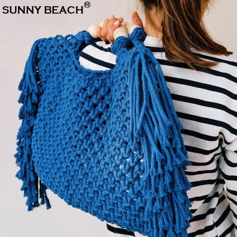 

Fashion American Women Spain Luxury Shoulder Travel Daily Crochet Boho Summer Fringe Beach Bag Macrame Tote Handbag Beige