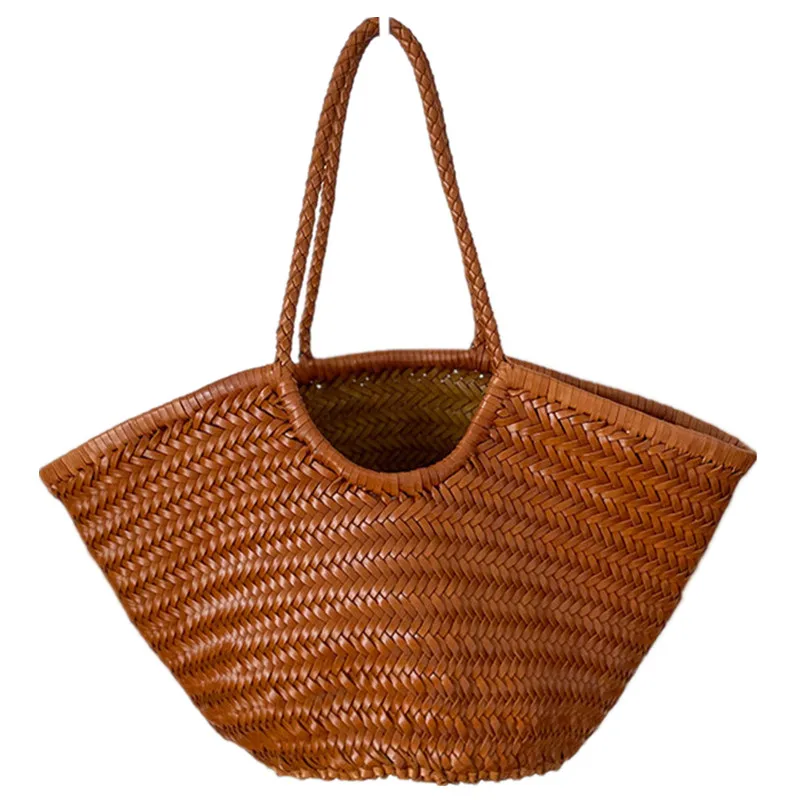 Supersize Beach Bags head layer cowhide hand-woven women\'s large capacity leather one-shoulder women\'s grocery basket Tote bag